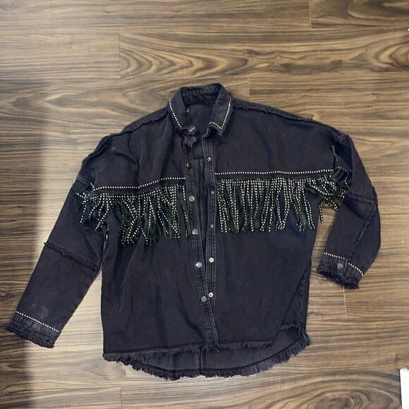 Zara Fringe Studded Jean Jacket - size Small! - Picture 1 of 3